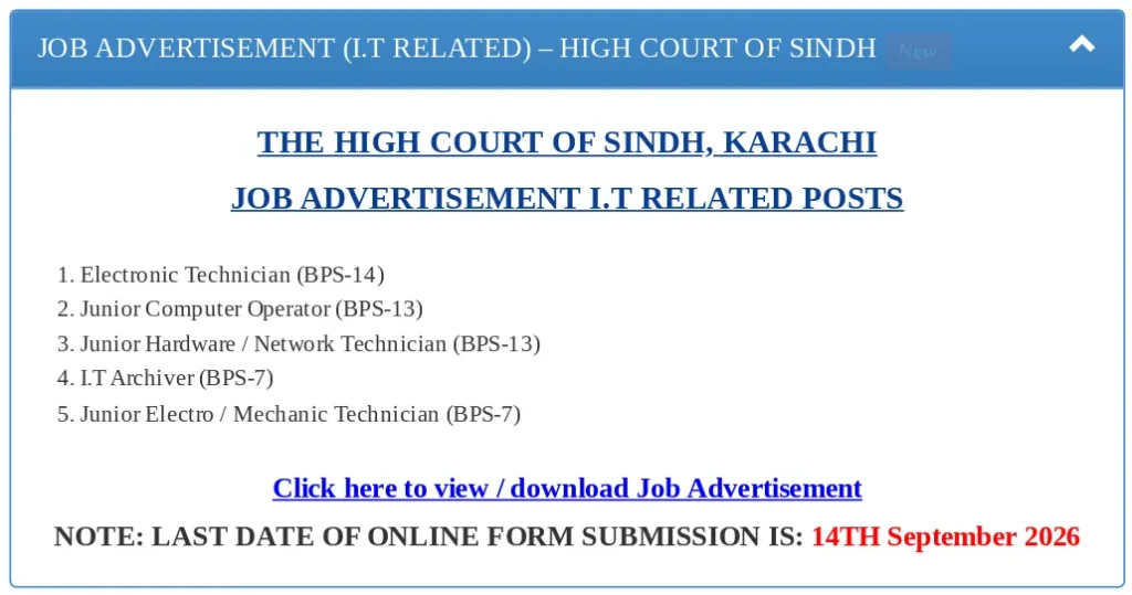 High Court of Sindh Karachi IT Jobs 2026