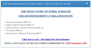 High Court of Sindh Karachi IT Jobs 2026 – Apply Online