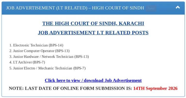 High Court of Sindh Karachi IT Jobs 2026