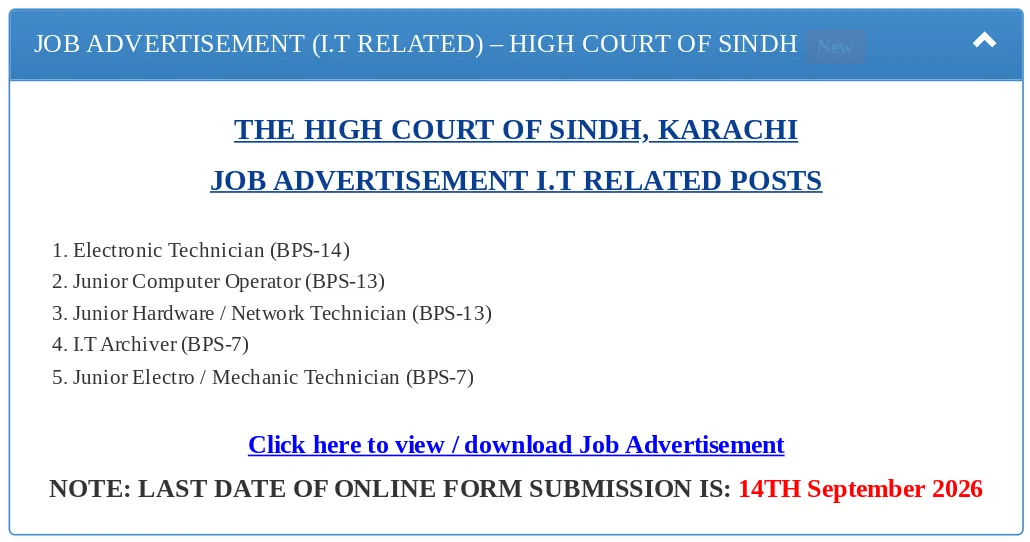 High Court of Sindh Karachi IT Jobs 2026 – Apply Online