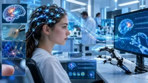 Brain-computer interface chip se computer control karta hua insan