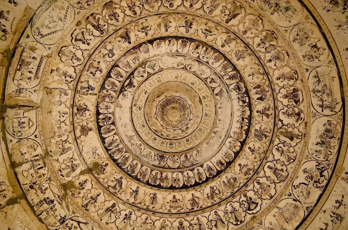 Painted ceiling frescoes inside Gori Temple, Nagarparkar