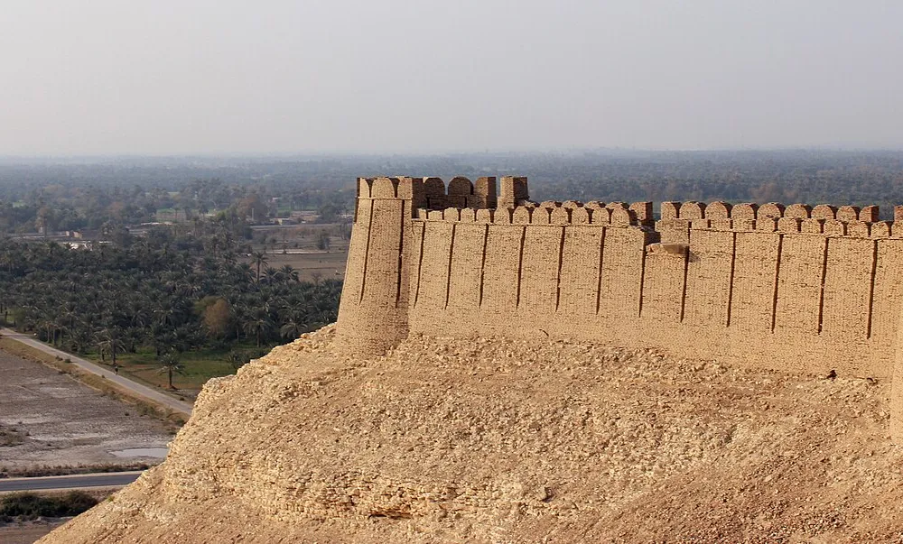 Kot Diji Fort walls and bastions on the limestone ridge above Kot Diji town, Khairpur