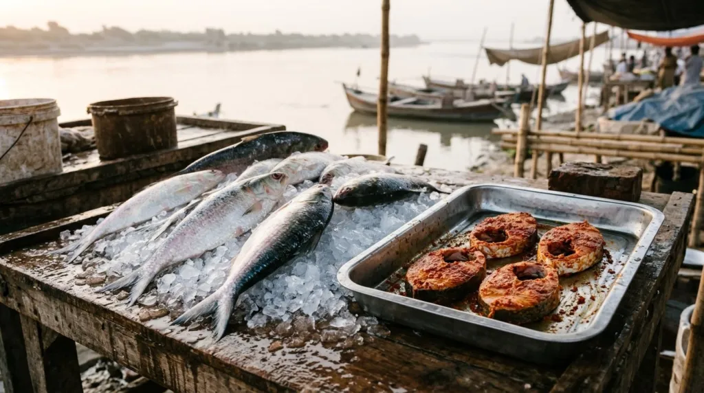 Fresh Palla fish and masala-rubbed steaks at a riverside stall