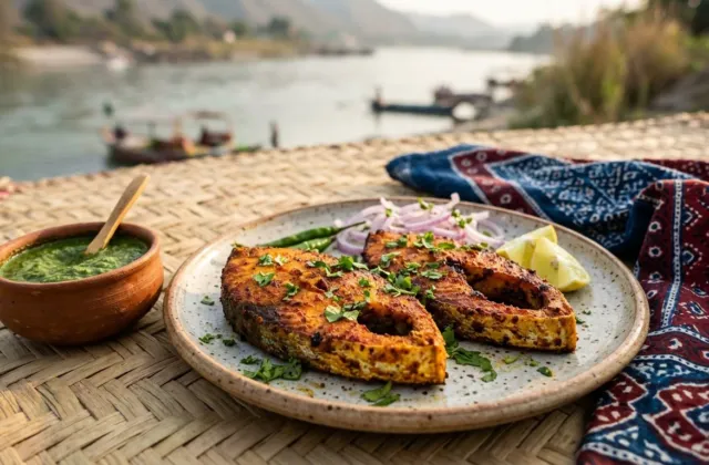 Masala fried Palla fish steaks with lemon, onion and green chutney