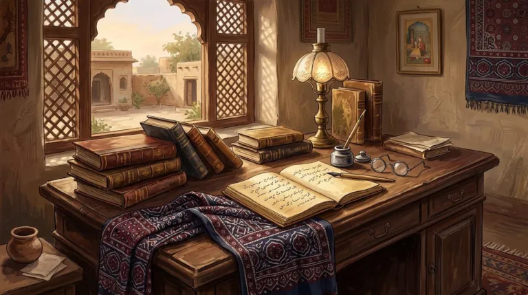 Illustration in memory of Mirza Qalich Beg: a scholar's desk with Sindhi books, reed pen and inkwell