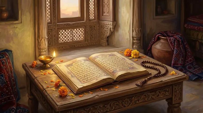 Illustration in memory of the poet Sami: a manuscript of Sindhi slokas and an oil lamp in an old Shikarpur haveli
