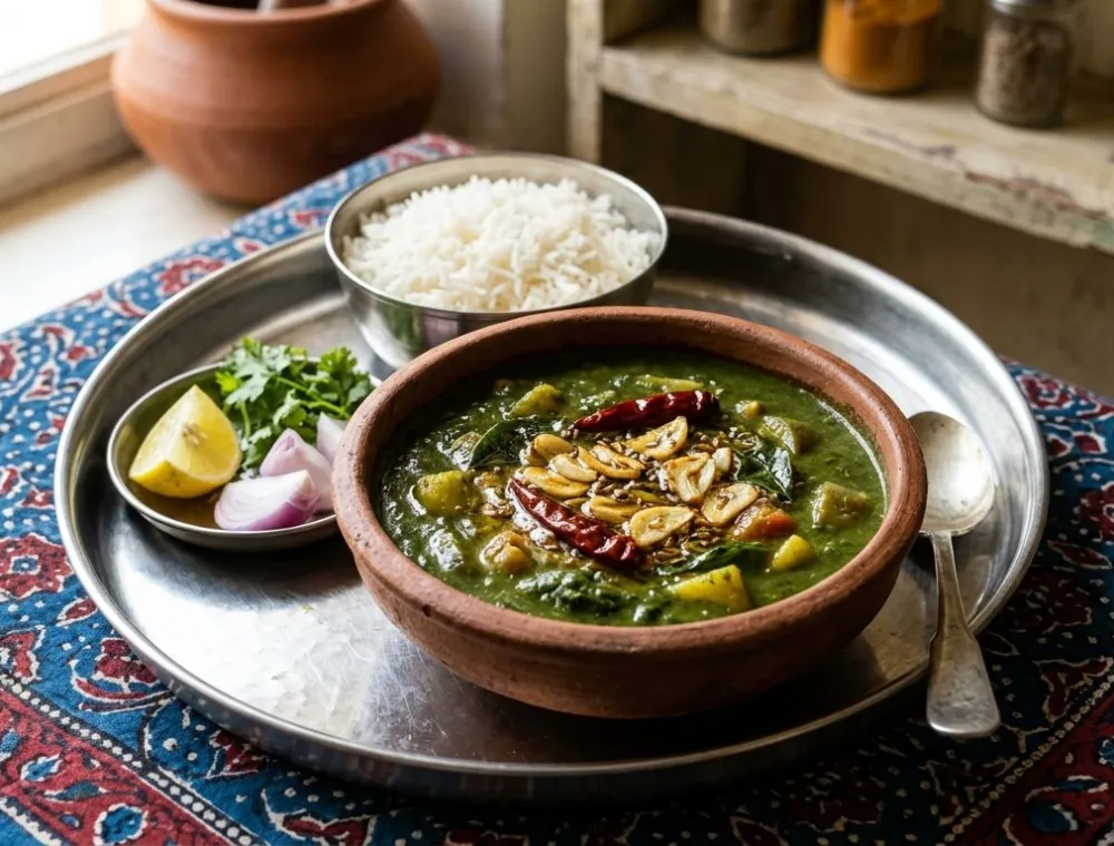 Sindhi Sai Bhaji with garlic tarka served with plain rice and lemon