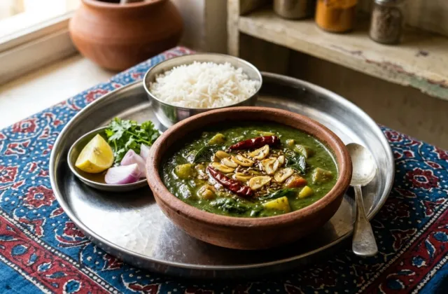 Sindhi Sai Bhaji with garlic tarka served with plain rice and lemon