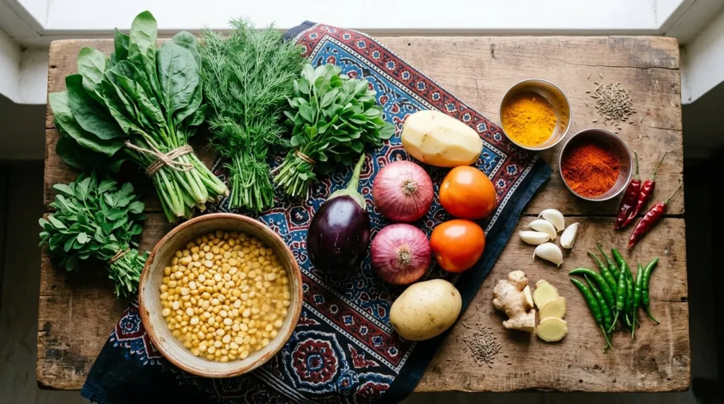 Spinach, dill, chana daal and vegetables for Sai Bhaji