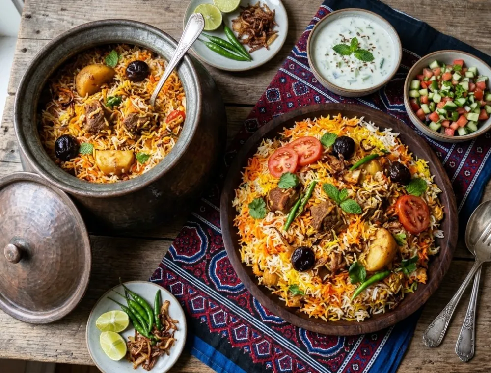 Sindhi mutton biryani with potatoes, dried plums, tomatoes and mint on an ajrak cloth