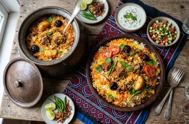 Sindhi mutton biryani with potatoes, dried plums, tomatoes and mint on an ajrak cloth