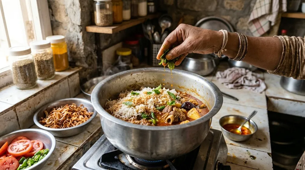 Layering half-cooked basmati rice over the mutton and potato masala