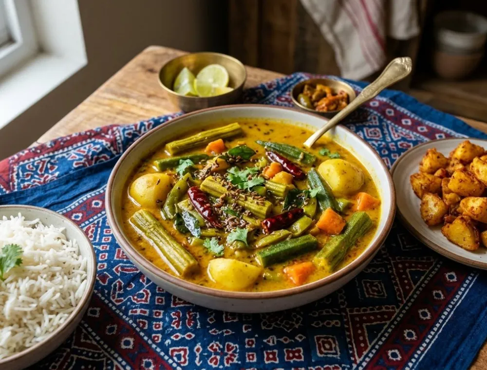 Bowl of Sindhi Curry with drumsticks, okra and potatoes served with rice and aloo tuk