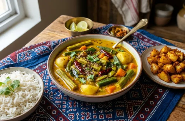 Bowl of Sindhi Curry with drumsticks, okra and potatoes served with rice and aloo tuk