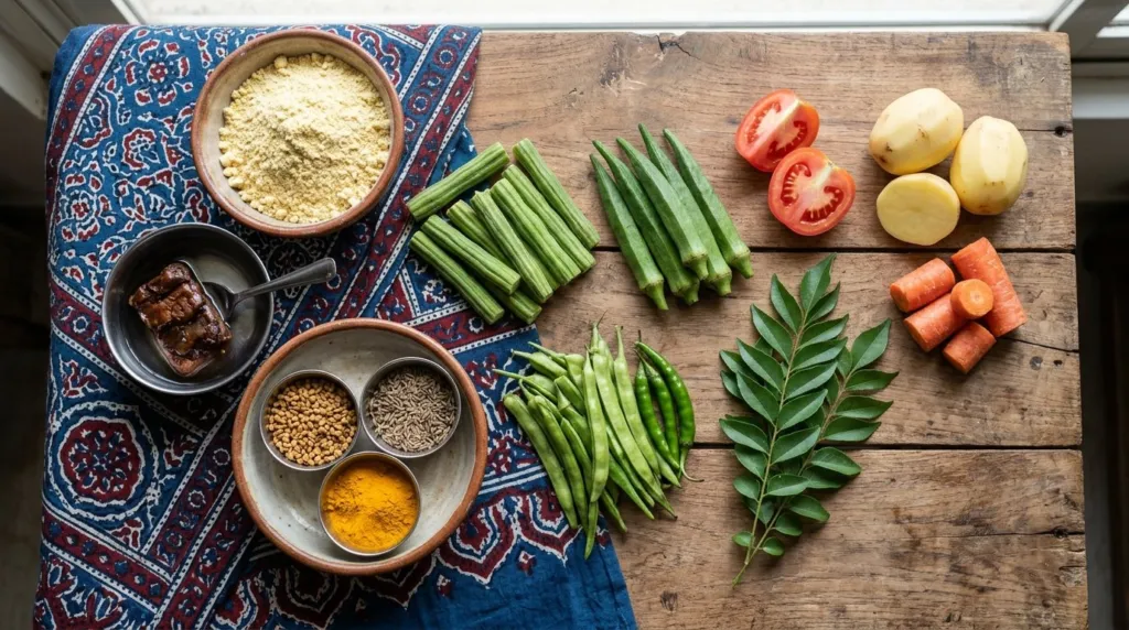 Gram flour, tamarind and vegetables for Sindhi Curry