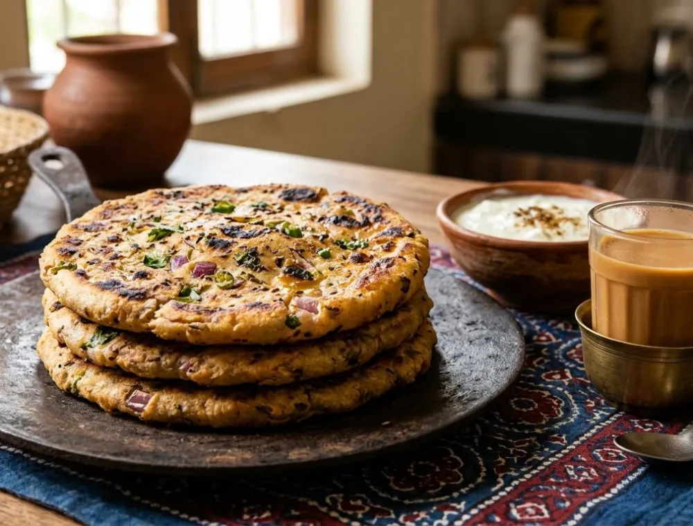 Stack of crisp Sindhi koki flatbreads on a tawa with tea and yogurt
