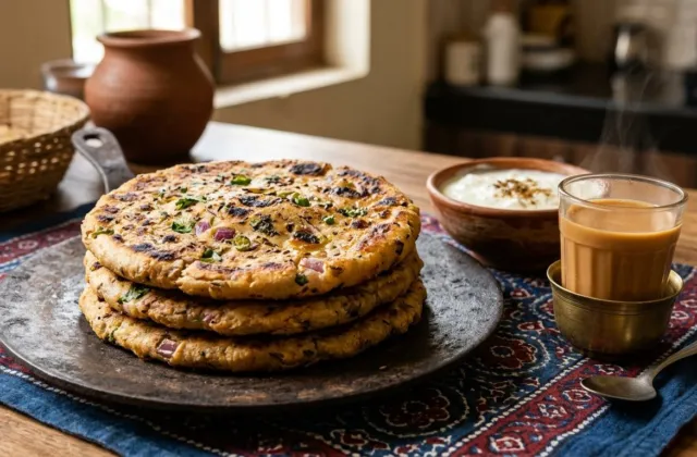 Stack of crisp Sindhi koki flatbreads on a tawa with tea and yogurt
