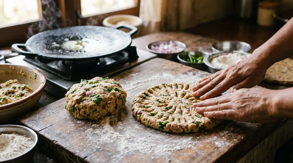 Pressing koki dough with onion, chilli and coriander into a thick round